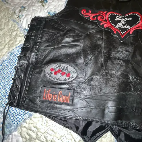 Women's Diamond Plate Black Leather Biker Vest with Patches Sz Large