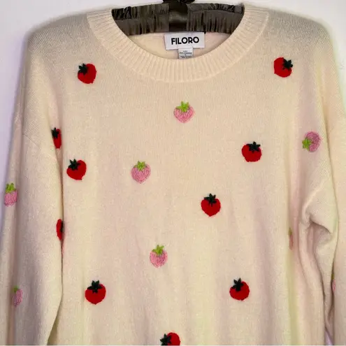 Filoro Cashmere Sweater L Cream Embroidered Fruit Pullover Jumper Strawberry Pink Size L