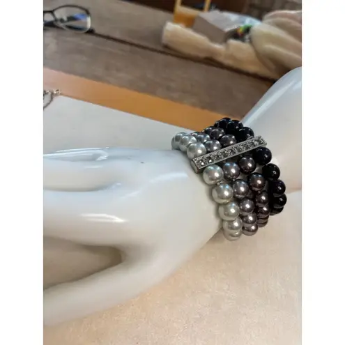 Elegant Multicolor Faux Pearl Stretch Bracelet Set With Rhinestone Accent Bars F Black