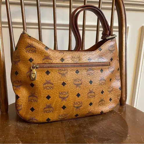 MCM Cognac Visetos Coated Canvas Shoulder Bag Leather Monogram Gold Vintage