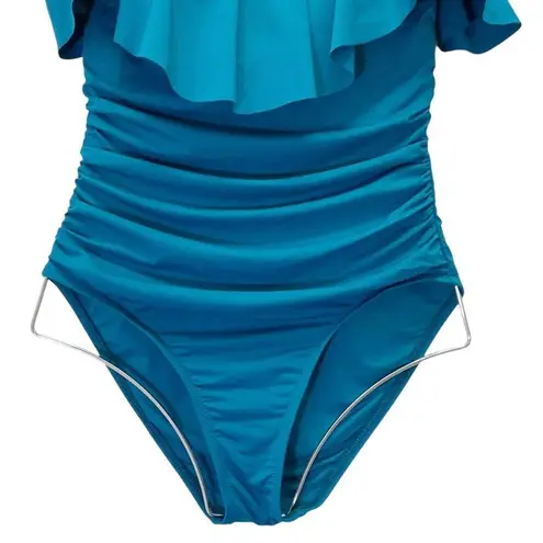 La Blanca Island Goddess Ruffle One Piece Swimsuit Caribbean Teal Blue Size 8