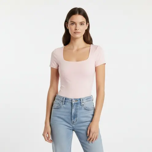 Cotton Express NWT Express Light Pink Body Contour Square Neck Short Sleeve Bodysuit Size XL