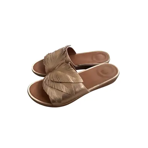 FITFLOP Rose Gold Leather Feather Cut Slide Sandals Size 8 Pink