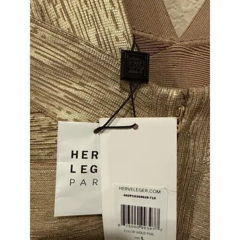 Herve Leger Metallic Deep V Neck Bandage Dress Size Large