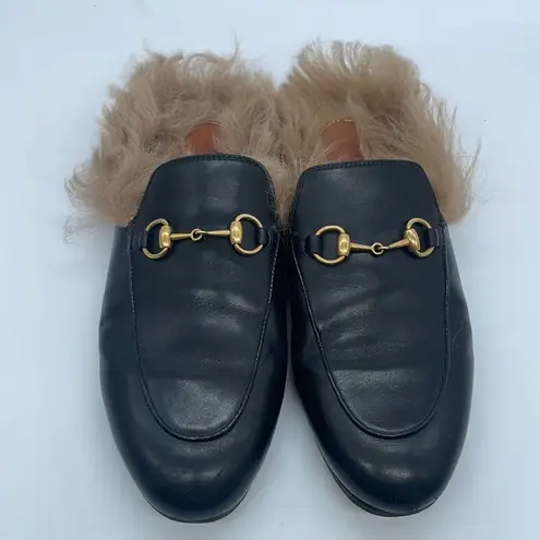 Gucci  Black Leather Calfskin Fur lined Princetown horsebit loafers 37.5