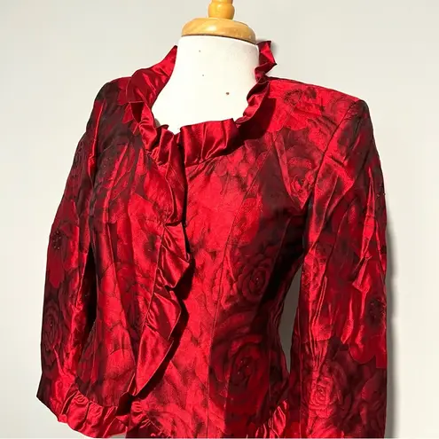 ALGO Boutique Red Rose Floral Shiny Blazer Jacket Size 38 S