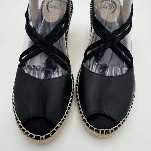 Abeo Delano Espadrille Wedge Sandal Black Leather Peep Toe Slip On 9N Crisscross Size 9