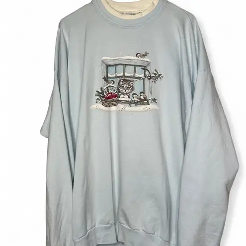 vintage Christmas crewneck sweatshirt with a cat and birds christmas XL Blue