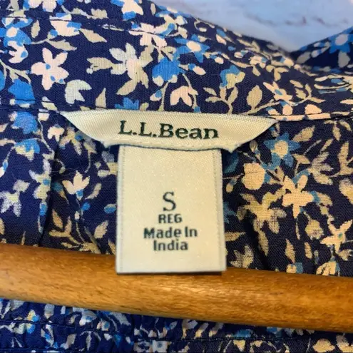 L.L.Bean  popover blouse blue tan floral roll sleeve Size Small