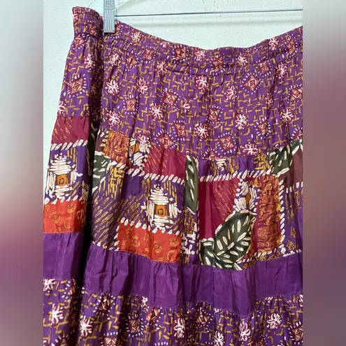 Vintage 90s Carole Little Silk Boho Patchwork Skirt 14W Purple