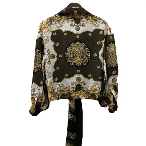 Soho NYC Green/Gold Scarf Print Front Tie Blouse S