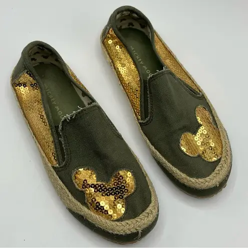 Mickey Mouse Sz 7 Slip On Shoes Green Gold Sequins Espadrille Soles