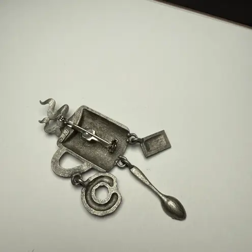 Signed JJ Coffee Lover Cup With Spoon Charm Dangle Brooch Pin Jonette Jewelry Silver
