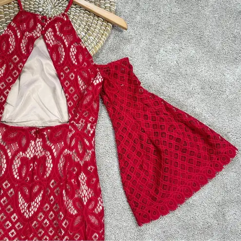 Bardot Mila Lace Dress Cold Shoulder Flare Sleeve Halter Neck Red Cut Out Back 4