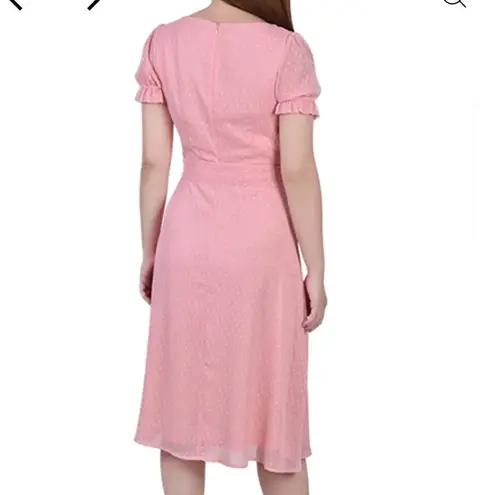Ny Collection NWT Pink Swiss Dot Short Sleeve PM Midi Dress Pleated Neck Modest