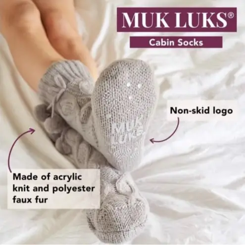 Muk Luks Knit Cabin Slipper Cable Socks Faux Sherpa Lining L/XL NWT ~ Gray