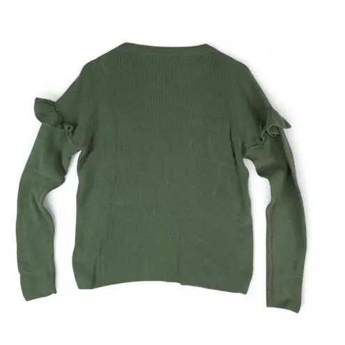 J.Crew Sweater Womens L Green Ruffle Sleeve Cotton Ribbed Knit Classic Fit Size L