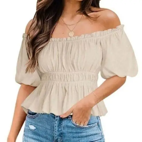 Dorose Off Shoulder Ruffle Top Neutral Milkmaid Size M