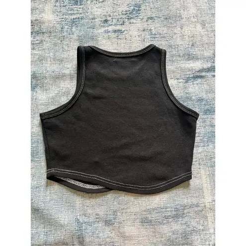 Pazzo Black Asymmetrical Waffle Knit Crop Top with Contrast Stitching Medium Black