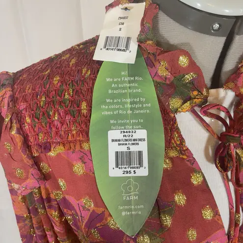 Farm Rio Banana Flower Polka Dot Red Mini Dress Small Maroon Gold Flirty NWT