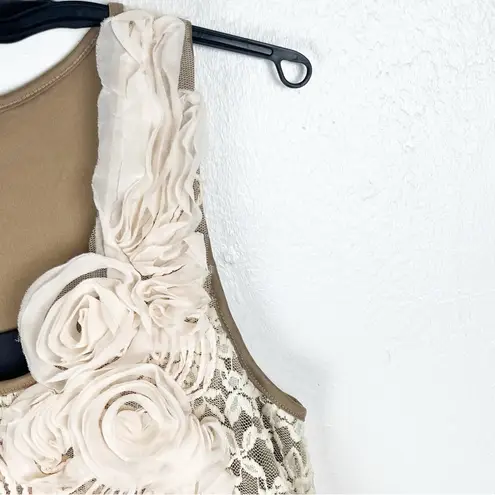 Ryu Brown Cream Crochet Tiered Lace Floral Sleeveless Lined Dress, Size Medium