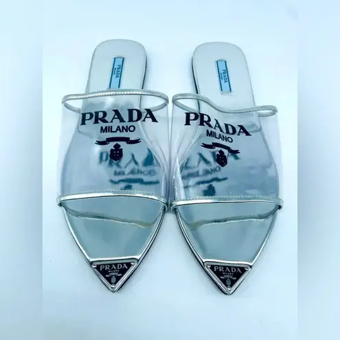 Prada  Logo-print Plexiglass Pointed Toe Flat Slides Sandal Mule In Silver EU 39