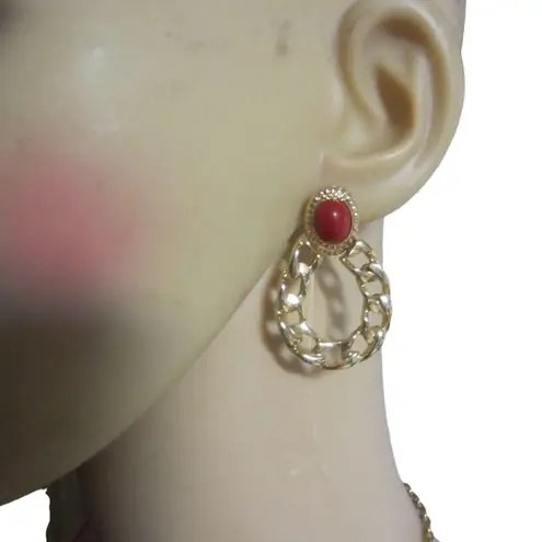 Gold Chain Hoop Statement Earrings Red Cabochon Clip