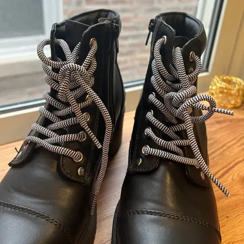 Catherine Malandrino Punk Goth Black High Platform Heel Boots with Striped Laces and Zipper on Side