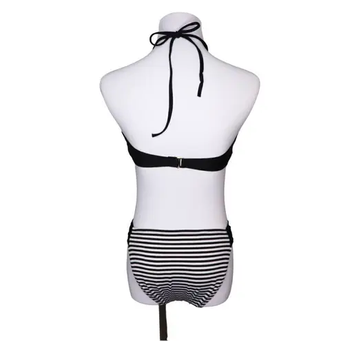 Mossimo Solid Stripe Black White Halter Swim Top Bikini 2pc Swimsuit sz MEDIUM