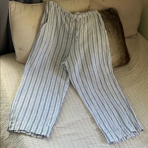 Bryn Walker 100% Linen white blue stripe Lagenlook Boho Wide Leg Pants L