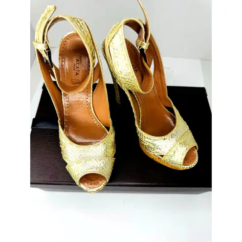 Alaïa Gold Snake Embossed Leather Platform High Heel Sandals EU 36.5 Luxury Size 6.5