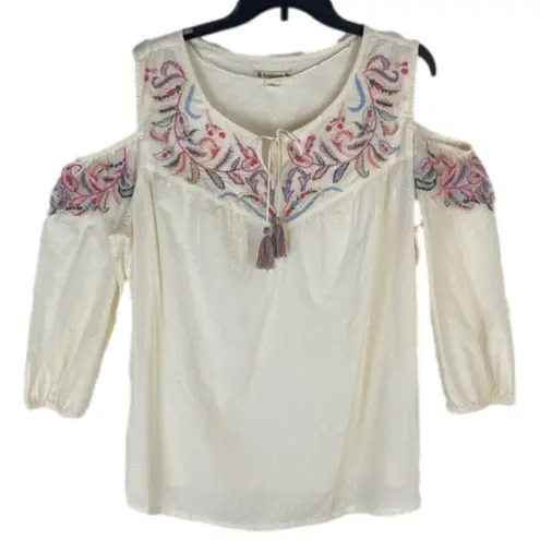 Ruff Hewn Boho Cream Floral Embroidered Cold Shoulder Peasant Shirt Western