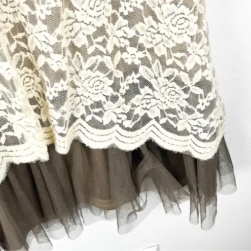 Ryu Brown Cream Crochet Tiered Lace Floral Sleeveless Lined Dress, Size Medium