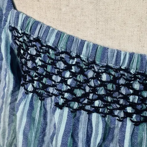 Faherty Medium Peasant Top Striped Puff Sleeves Smocked Square Neck Blue Multi