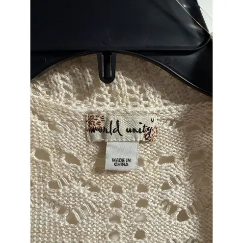 World Unity Cardigan Womens Medium Cream Crochet Short Sleeve Cropped Cover