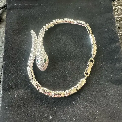 Snake Faux Diamond bracelet with green crystal eyes Silver