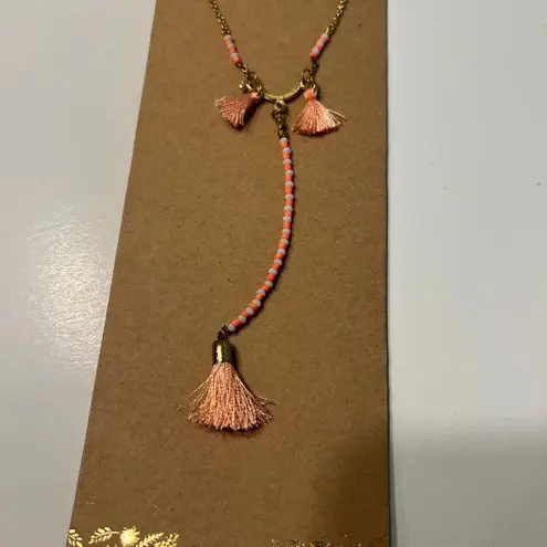 Shiraleah Boho Coral Pink Tassel Necklace with Gold Chain and Beaded Details