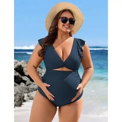 Charmo MEDIUM Navy Ruffle Ribbed Maternity Swimsuit One Piece Pregnancy Swimwear Blue Size undefined