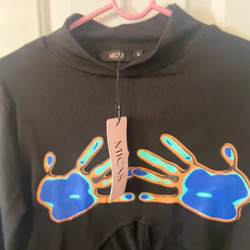 Bold Black and Blue Turtleneck Sweater with Vibrant Design Size 6