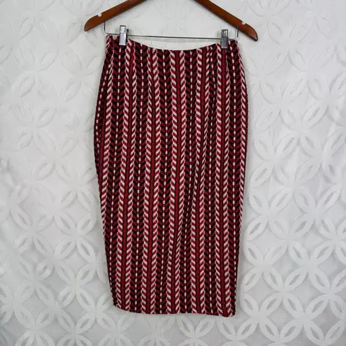 Eva Franco Red Blue White Geometric Print Wool Poly Blend Pencil Skirt With Slit Size 2