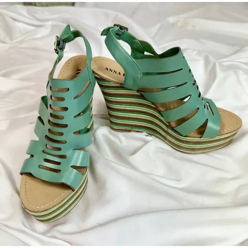 Anna Luz Leather Open Toe Wedge Sandals Handmade Brazil 10 Green