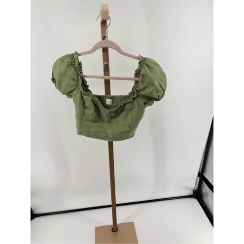 Wilfred Aritzia Wander Green Linen Puff Sleeve Cropped Blouse Size Small