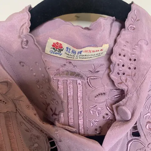 Vintage Purple Silk Ruffle Cutout Embroidered Blouse Sz Small