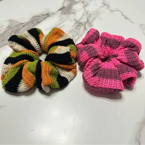 Free People NEW  Crochet Knit Multicolor Set of 2 Oversized Jumbo Scrunchies