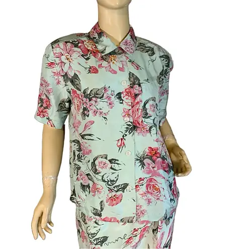 carole little VINTAGE MINTY GREEN & PINK FLORAL PRINT SILK SKIRT SET (4)