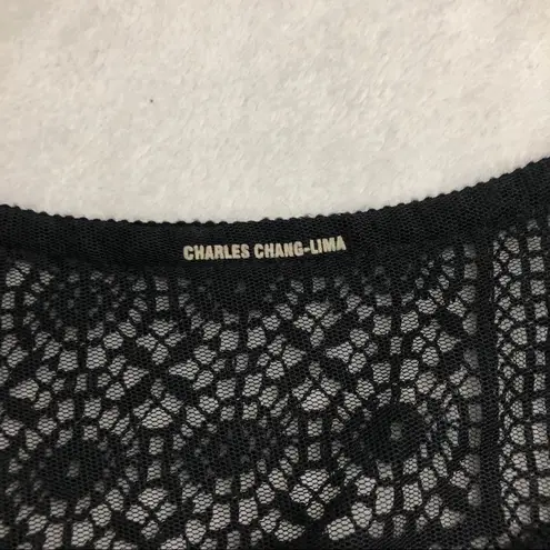 Charles Chang Lima Lace Fringe Embroidered Floral Long Sleeve Black