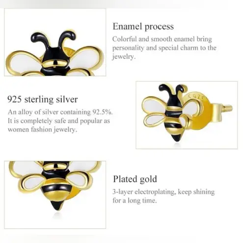 S925 Silver Bumble Bee Earrings NWT Black