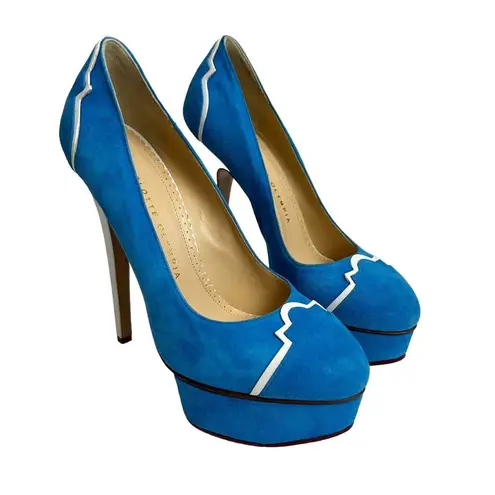 Charlotte Olympia Pumps Womens 37 Blue Suede DOLLY Platform Heels shoes $995