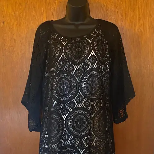 Tacera Black Lace with Nude Lining 3/4 Sleeve Dress Effortless Elegance Size S
