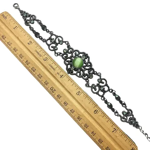 Vintage Whimsigoth Gothic Filigree Bracelet Green Cat Eye Gemstone
